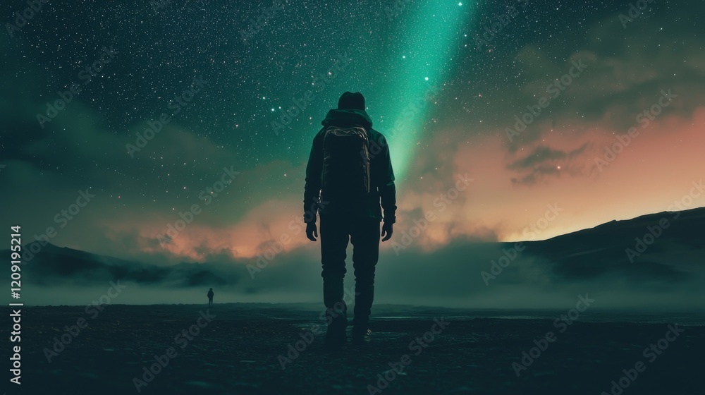 Fototapeta premium Solitary Traveler Under Starry Night Sky with Aurora Borealis