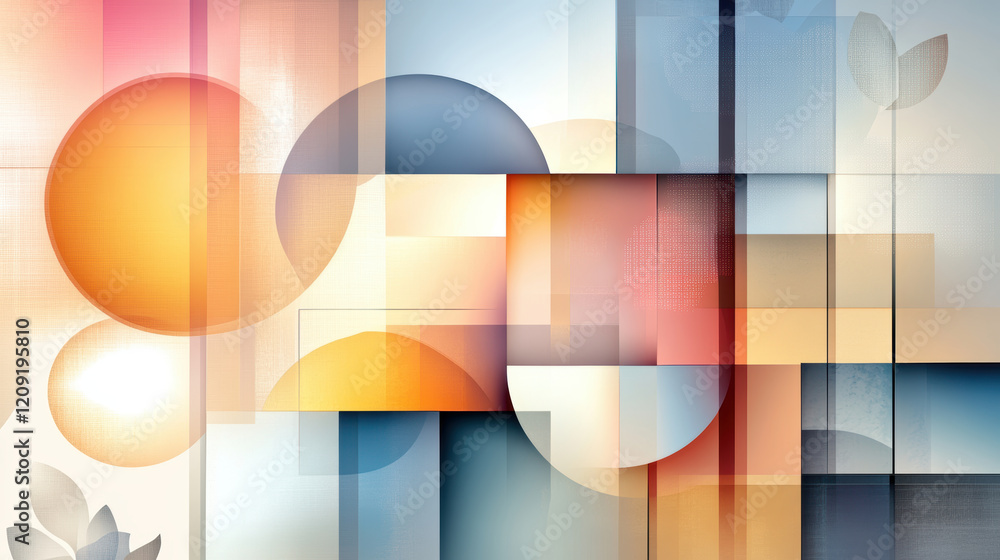 Obraz premium Abstract geometric design with layered reflective surfaces, featuring overlapping circles and rectangles in warm and cool tones, creating modern and dynamic composition