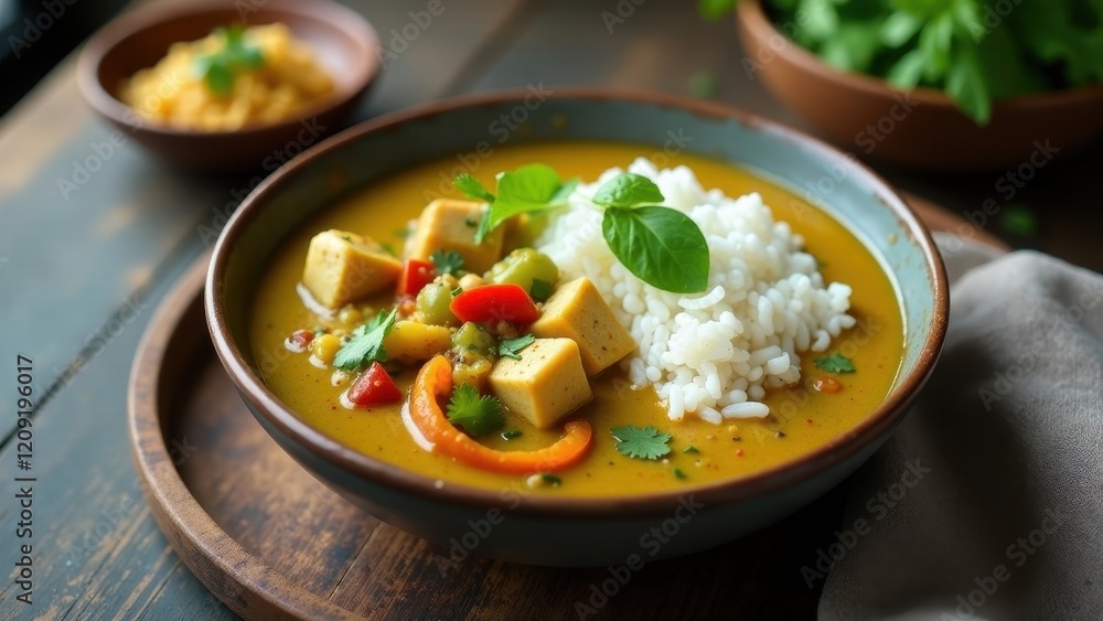 Savory Tofu and Vegetable Curry Served with Fluffy White Rice in a Rustic Bowl Savory Tofu and Vegetable Curry Served with Fluffy White Rice in a Rustic Bowl