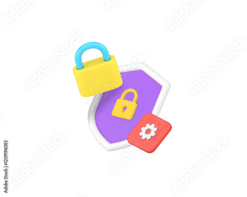 Data information security settings protection technology 3d icon realistic vector illustration. Personal database datum privacy protect padlock and shield safety secure access communication
