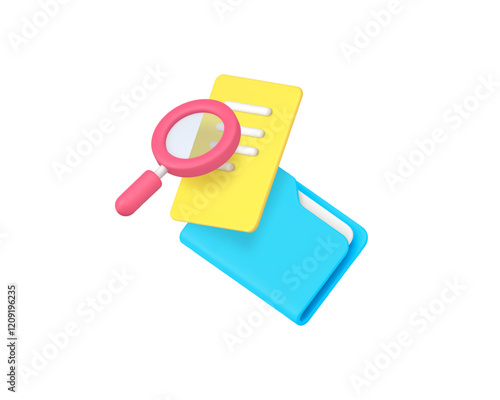 Report paper document file folder research analyzing 3d icon realistic vector illustration. Data information management archive administration examining inspection magnifying glass and paper list