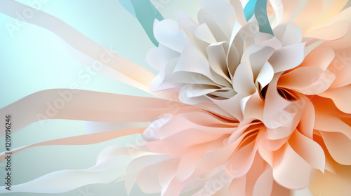 delicate abstract composition of layered organic shapes resembling soft petals in pastel tones of peach, cream, and teal, evoking sense of elegance and tranquility