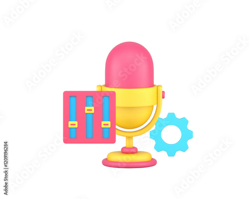 Microphone voice sound broadcasting settings 3d icon realistic vector illustration. Retro mic music noise performance podcast radio streaming device studio shot technology management control
