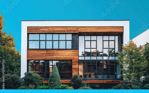 A detailed close-up view of a house set against a vibrant blue sky, showcasing architectural features and a serene atmosphere. photo