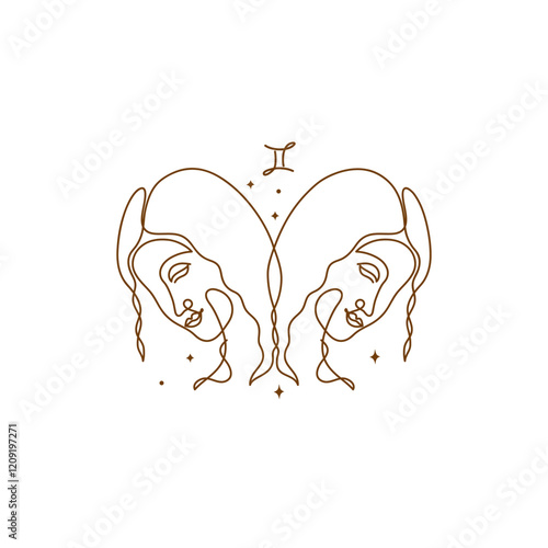 Continuous line drawing of astrological Gemini zodiac sign. Line art symbol and icon of esoteric zodiacal horoscope. Minimalist black linear sketch isolated on white background.