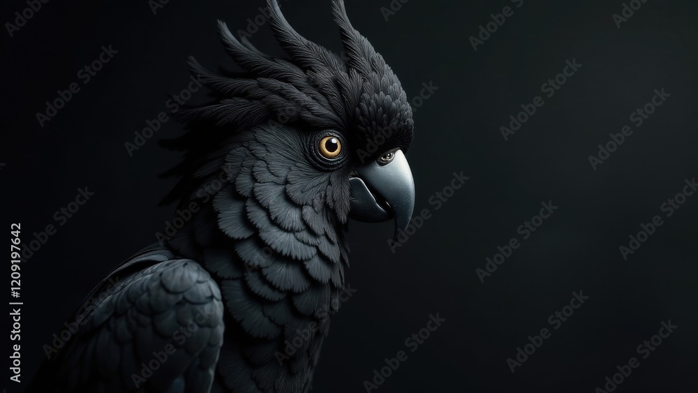 Fototapeta premium A Majestic Profile of a Dark-Plumaged Parrot Against a Stark Black Background, Its Feathers Exquisitely Detailed, Revealing a Bird of Mysterious Beauty