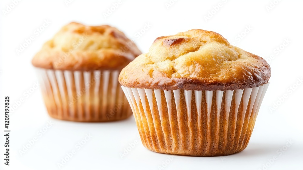 Delicious golden muffins, close-up shot, white background, bakery product photography Delicious golden muffins, close-up shot, white background, bakery product photography