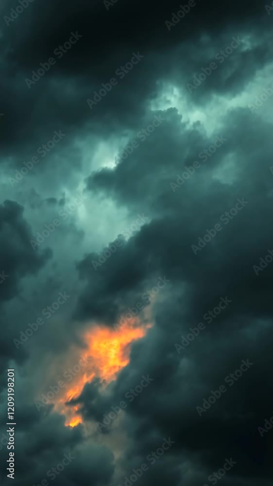 AI generated illustration of dense and dark clouds with orange sunlight in the middle at sunset time AI generated illustration of dense and dark clouds with orange sunlight in the middle at sunset time