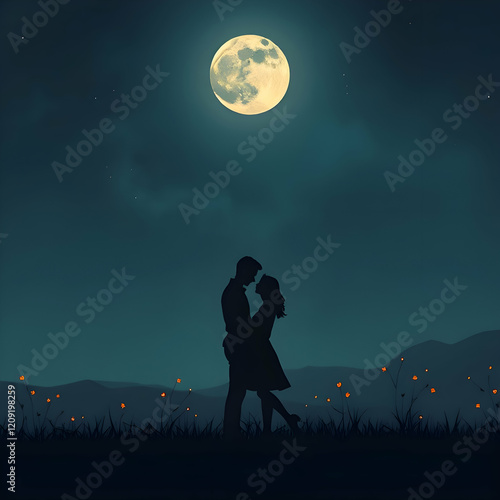 Silhouetted Couple Embracing Under Full Moon in Starry Night Sky AI Image