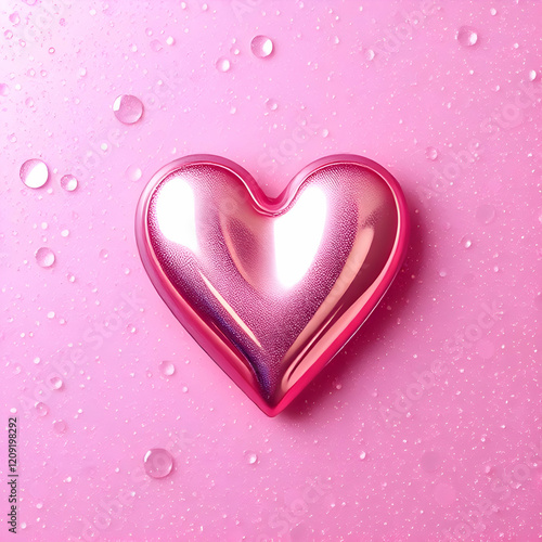 Glossy Pink Heart on Water Droplets Background AI Image