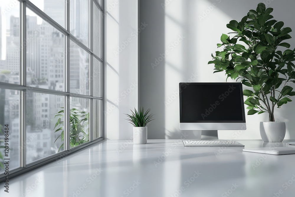 Modern office workspace with computer, indoor plants, and large windows providing natural light in an urban setting. Modern office workspace with computer, indoor plants, and large windows providing natural light in an urban setting.