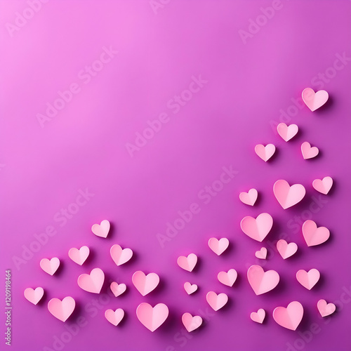 Pink Hearts Scattered on Vibrant Purple Background Symbolizing Love and Affection AI Image