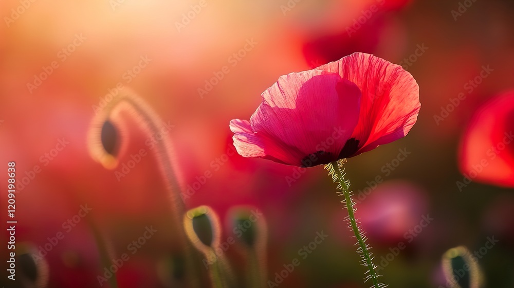 Fototapeta premium Red Poppy Flower in Sunlight: Nature Photography