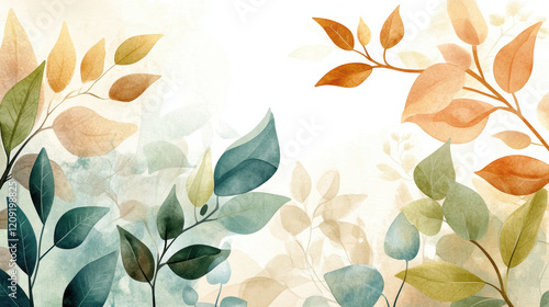 Abstract watercolor artwork featuring layered leaf like patterns in soft earthy tones of green, orange, and beige, creating serene and natural aesthetic