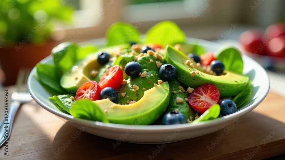 A vibrant and refreshing avocado, spinach, and berry salad, topped with crunchy nuts, offering a delightful combination of textures and flavors for a healthy and delicious meal A vibrant and refreshing avocado, spinach, and berry salad, topped with crunchy nuts, offering a delightful combination of textures and flavors for a healthy and delicious meal