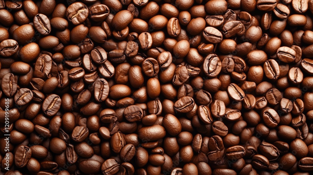 Obraz premium Coffee beans. Fresh roasted coffee beans. Dark. Brown. Caffeine. Aroma. Vibrant coffee bean background. Scattered grains