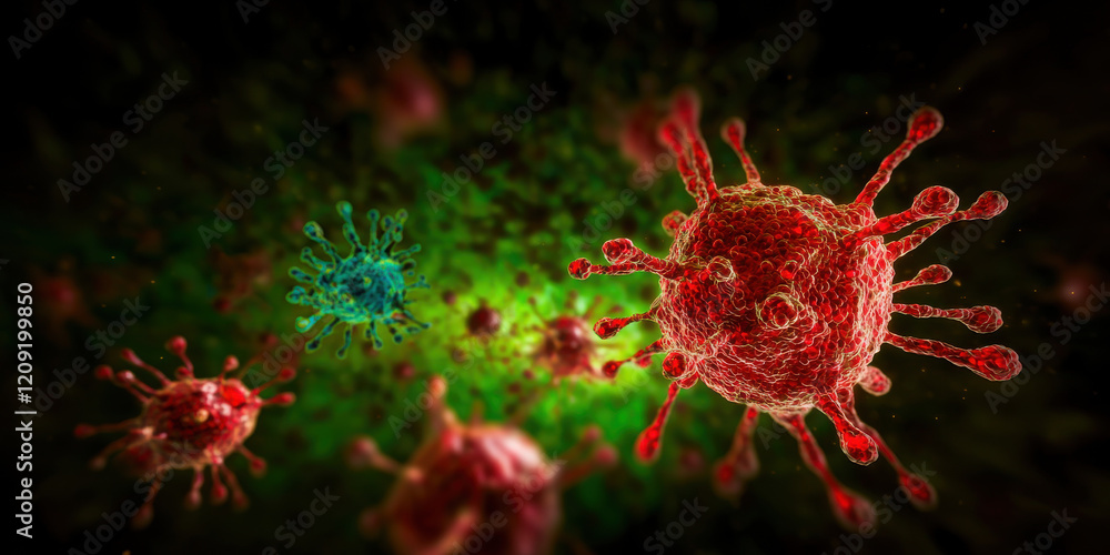 Microscopic view of colorful viruses in dynamic environment, showcasing their structure and movement Microscopic view of colorful viruses in dynamic environment, showcasing their structure and movement