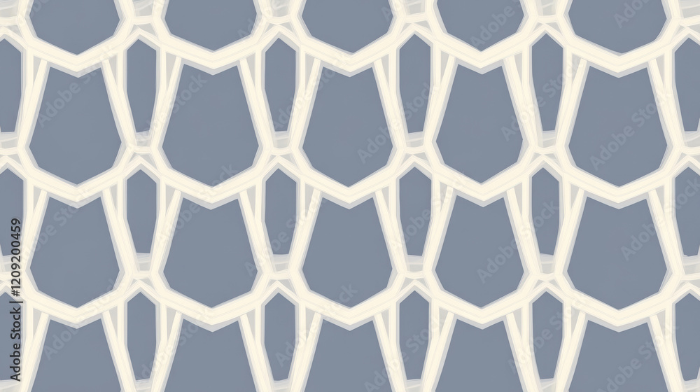 Naklejka premium Angular hexagons form seamless, edgy, and sharp tiling pattern with modern geometric design in soft gray and white tones, creating contemporary and stylish aesthetic