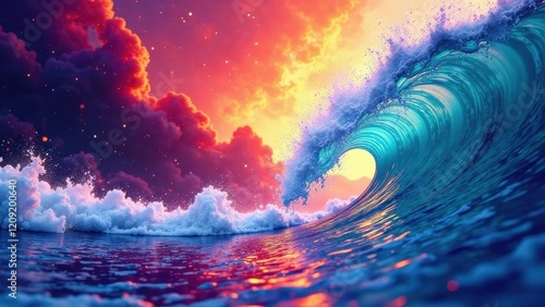 A Vibrant Ocean Wave Crashing Under a Spectacular Sunset Sky with Sparkling Particles
