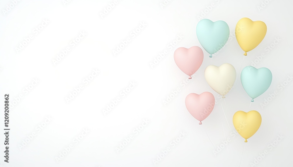 Colorful heart-shaped balloons floating against a soft white background, perfect for celebrations Colorful heart-shaped balloons floating against a soft white background, perfect for celebrations