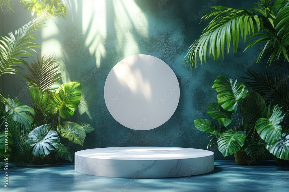 Minimalist Product Display Podium with Tropical Leaves and Water Reflection on White Background Minimalist Product Display Podium with Tropical Leaves and Water Reflection on White Background