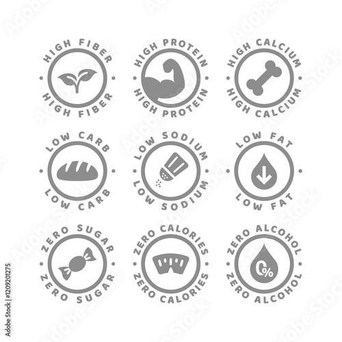 High fiber, protein and low carb and sodium label set. Zero sugar, low fat and calories labels.