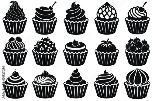 Set of cupcake in engraving style. Ink sketch isolated on white background