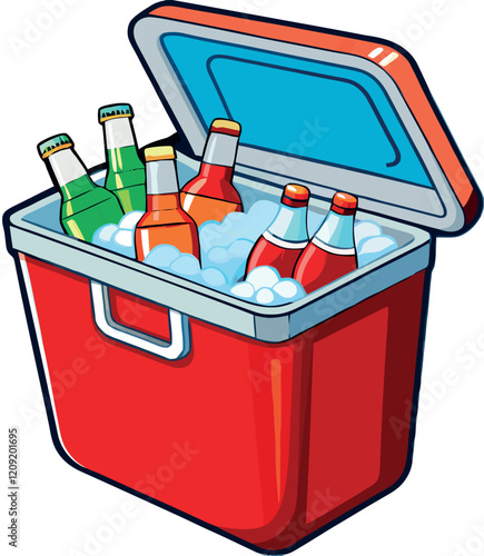 Red cooler box full of refreshing drinks for summer party