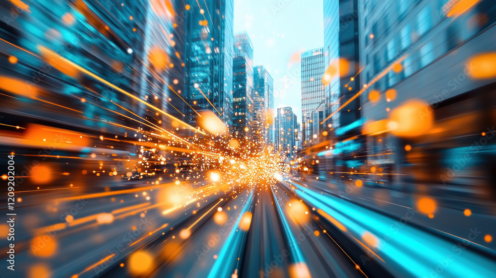 Fototapeta premium dynamic cityscape with vibrant light trails and glowing particles, symbolizing innovation, speed, and technological advancement in urban environment