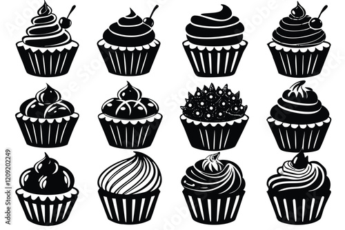 Set of cupcake in engraving style. Ink sketch isolated on white background