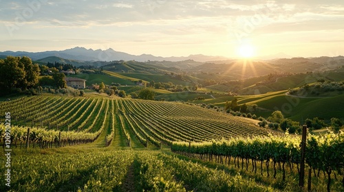 Wallpaper Mural Sunset over rolling vineyard hills in Italy; idyllic rural landscape for wine tourism brochures Torontodigital.ca