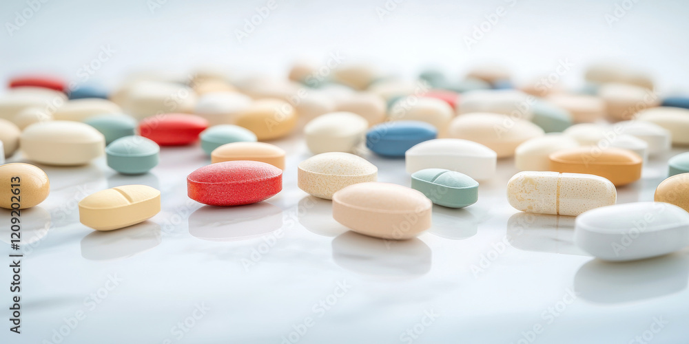 Multicolored pills scattered on bright white surface, showcasing various shapes and sizes Multicolored pills scattered on bright white surface, showcasing various shapes and sizes