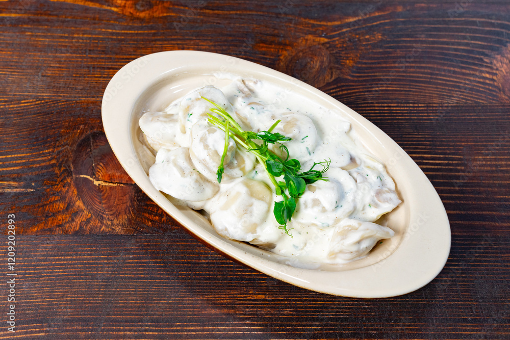 Delicious dumplings served in creamy sauce on rustic wooden table Savory vegetable pie served with fresh garnishes on a white plate Delicious dumplings served in creamy sauce on rustic wooden table Savory vegetable pie served with fresh garnishes on a white plate