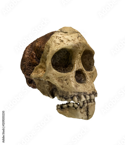 Skull of australopithecus africanus dated to 2.5 million years ago isolated.