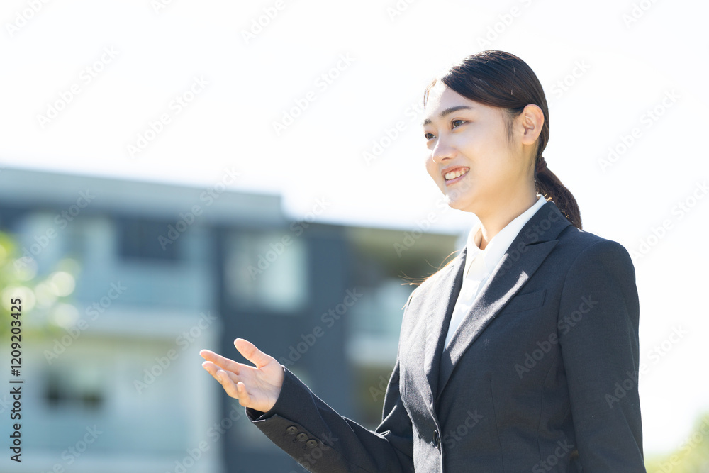 建物の前でポーズをしているスーツ姿の女性