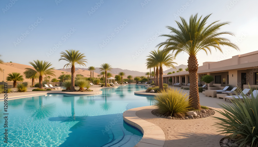 Fototapeta premium Desert Oasis: Tranquil Poolside Retreat with Panoramic Sand Dune Views