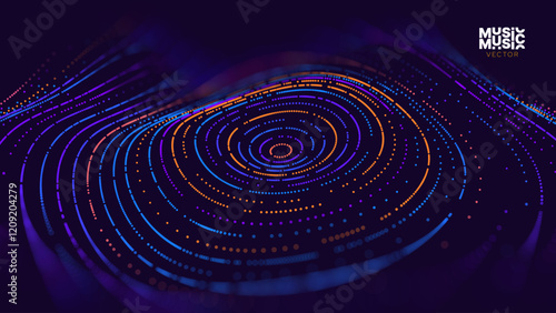 Abstract Digital Technology. Circles Data Flow. Futuristic Circular Sound Wave. Big Data Visualization. 3D Virtual Space VR Cyberspace. Crypto Currency Blockchain Concept. Vector Illustration.