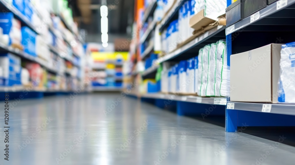 A view of a retail aisle filled with various products on shelves. A view of a retail aisle filled with various products on shelves.