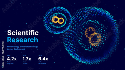 Biology Cell Stem Scientific Medical Research Background. Science Blue Cells Backdrop with Depth of Field Blur Particles Effect. Futuristic Plant Microbiology. Blue Virus Cells Vector Illustration.