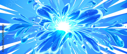 Anime water splash background. Vector cartoon illustration of blue paint explosion, comic style liquid blast with drops burst effect, swimming pool fun, sea or ocean wave spread, aquarium show banner