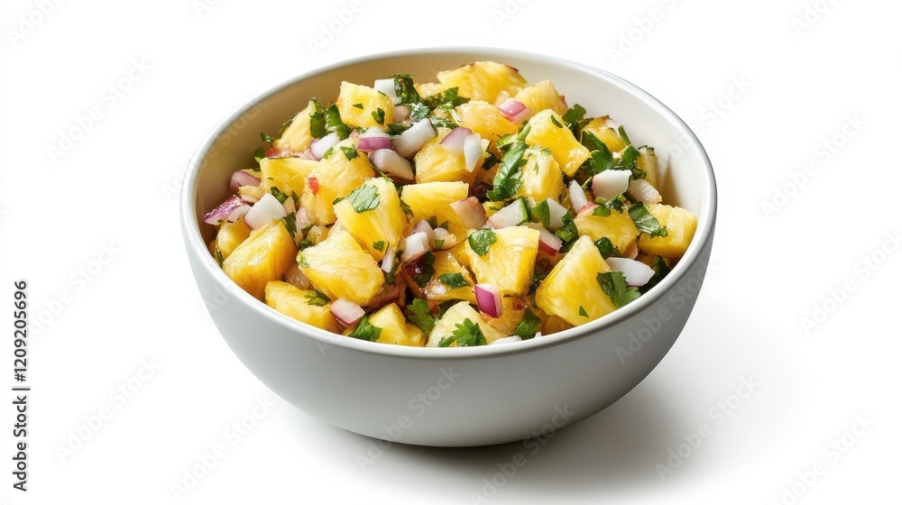 A bowl of tangy pineapple coconut salsa with diced pineapple, shredded coconut, jalapeno A bowl of tangy pineapple coconut salsa with diced pineapple, shredded coconut, jalapeno