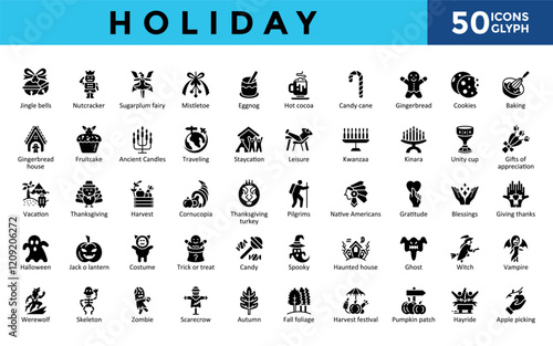 Holiday icons set with jingle bells, nutcracker, sugarplum fairy, mistletoe, eggnog, hot cocoa, candy cane, gingerbread, cookies, baking icon. Simple glyph vector 
