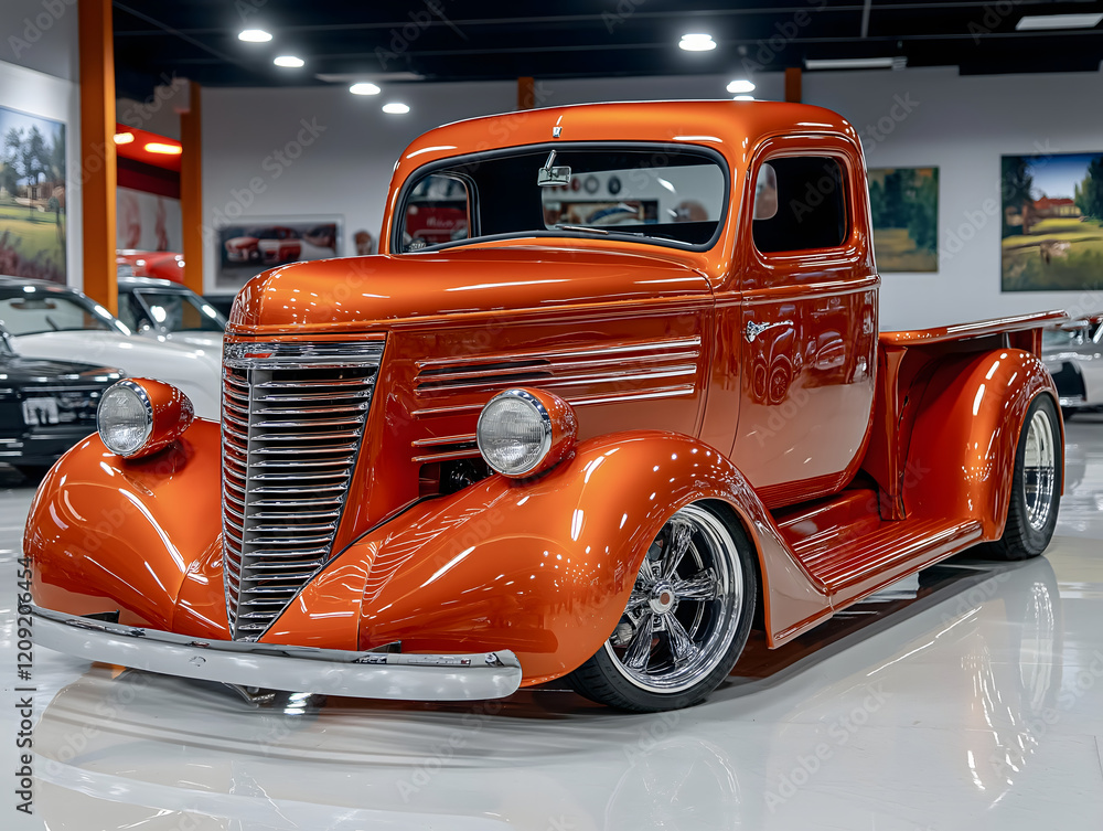 Classic orange pickup truck showcased in a modern auto showroom featuring elegant lighting and pristine surroundings Classic orange pickup truck showcased in a modern auto showroom featuring elegant lighting and pristine surroundings