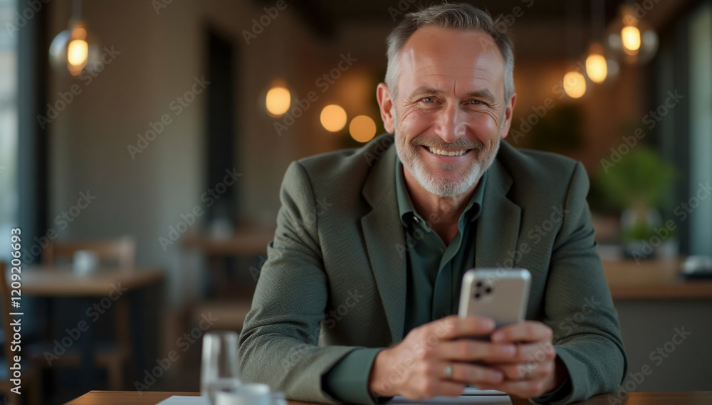 Portrait of Happy Middle Aged Man typing text during break time at the cafe Portrait of Happy Middle Aged Man typing text during break time at the cafe