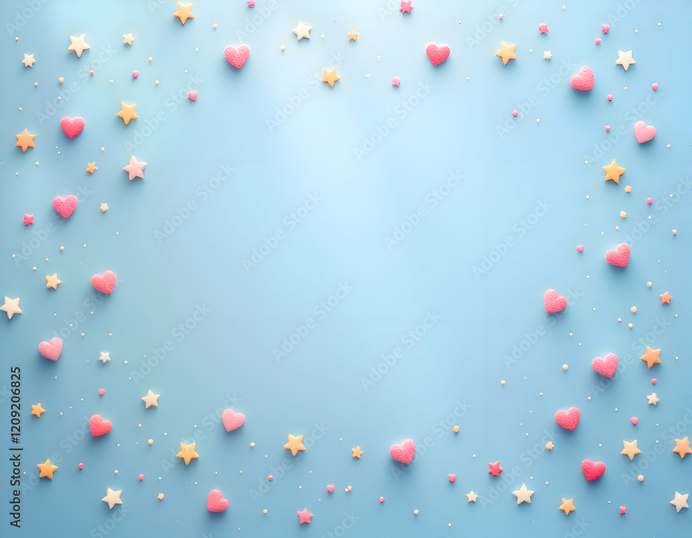Pastel Hearts and Stars on Light Blue Background: A Sweet and Dreamy Frame Pastel Hearts and Stars on Light Blue Background: A Sweet and Dreamy Frame