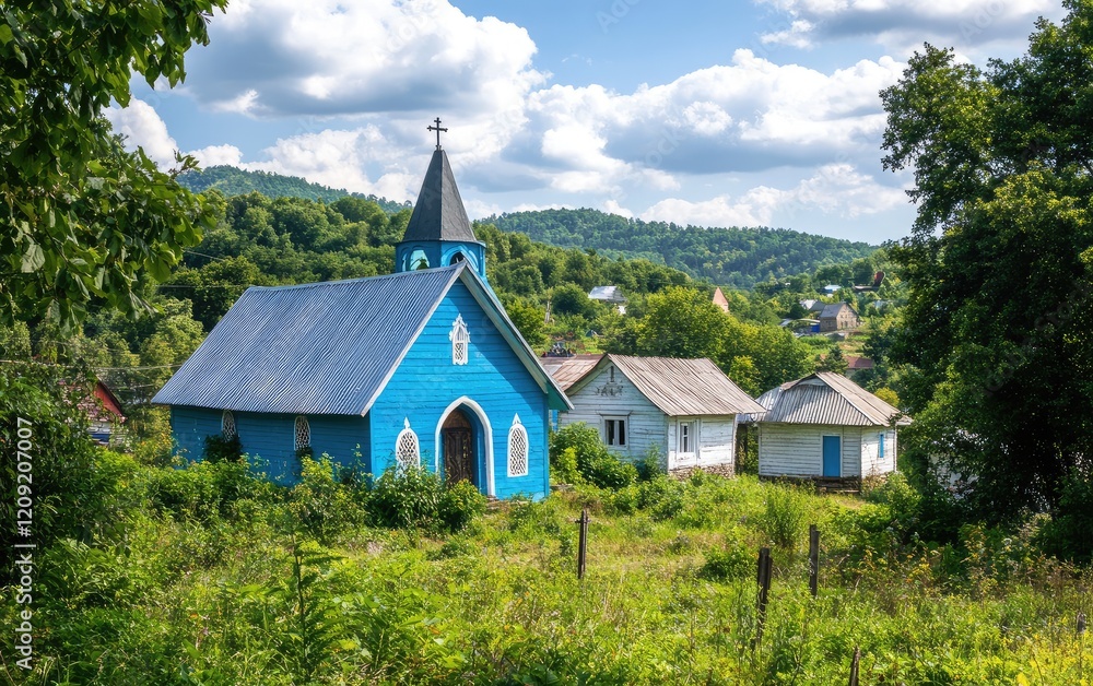 Fototapeta premium Photo of a blue church in the Carpathian Mountains, surrounded by greenery and trees, on top of a hill in a Ukrainian village with white wooden houses, with a nature landscape background