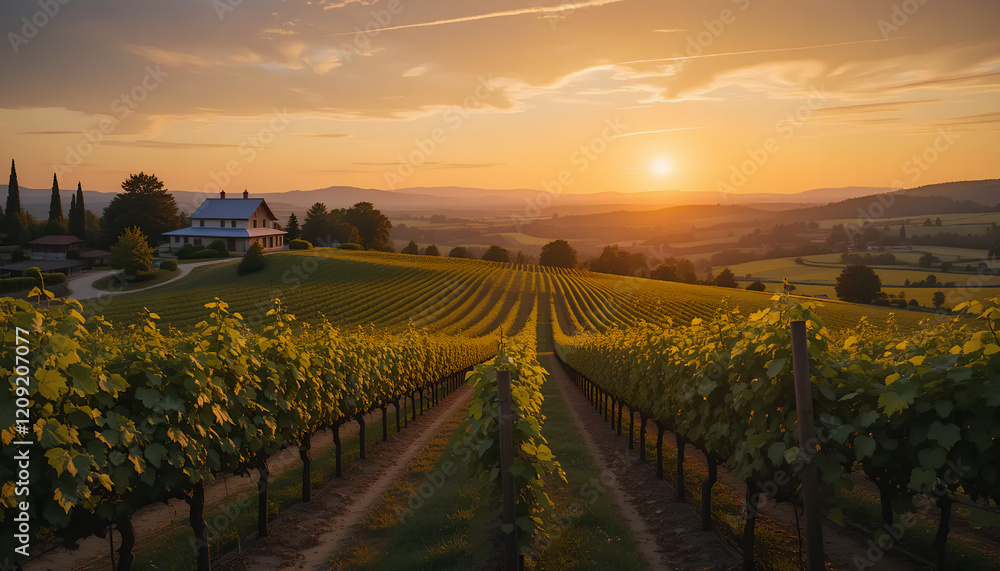 Naklejka premium Golden Hour Serenity: Vineyard Estate Bathed in Sunset Glow