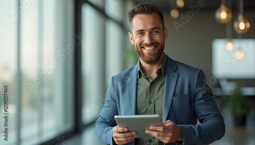portrait of a smiling businessman in casual suit standing in a bright office next to a window using a tablet