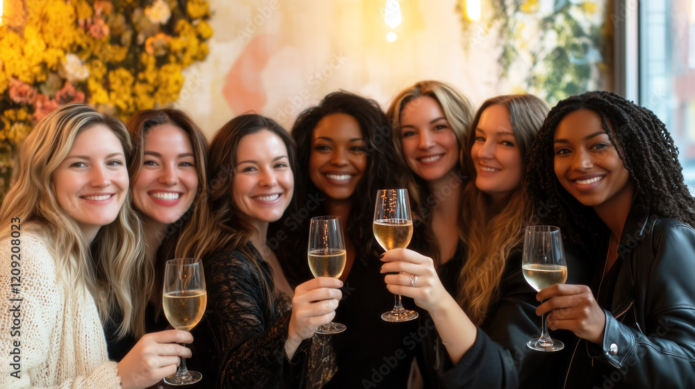 A group of empowered women raising their glasses in a cheers for Galentine Day, celebrating strong friendships and female empowerment. A group of empowered women raising their glasses in a cheers for Galentine Day, celebrating strong friendships and female empowerment.