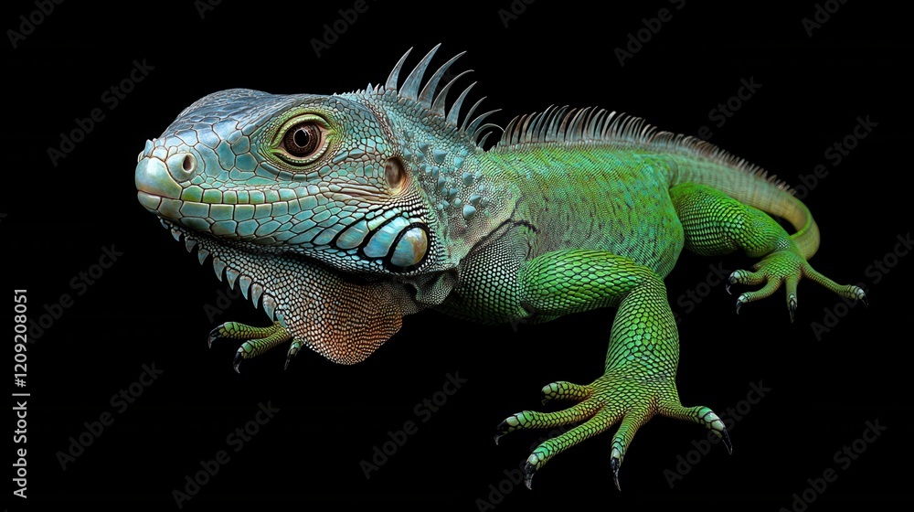 Fototapeta premium Vibrant and colorful iguana showcasing unique textures and vivid colors on black background.